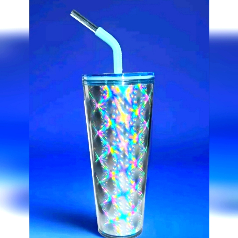 NWT Starbucks 2024 Silver Metallic Holographic Star Checkered Slant Straw Cup